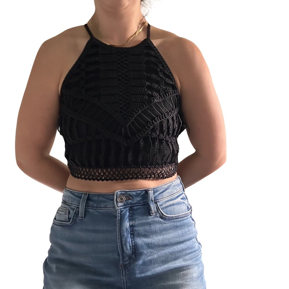 H&M Black Halter Neck Crop Top Crochet Detail Zipper Back Size M